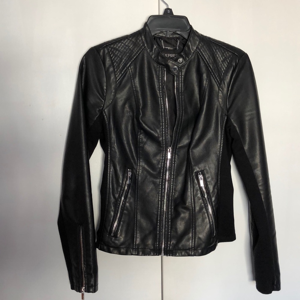 Express Black Leather Jacket with Zipper Detailing